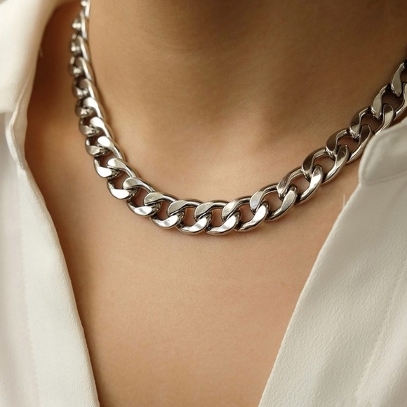 Chunky Thick Link Chain Necklace | White Gold Plated Stainless Steel - Picture 3 of 4